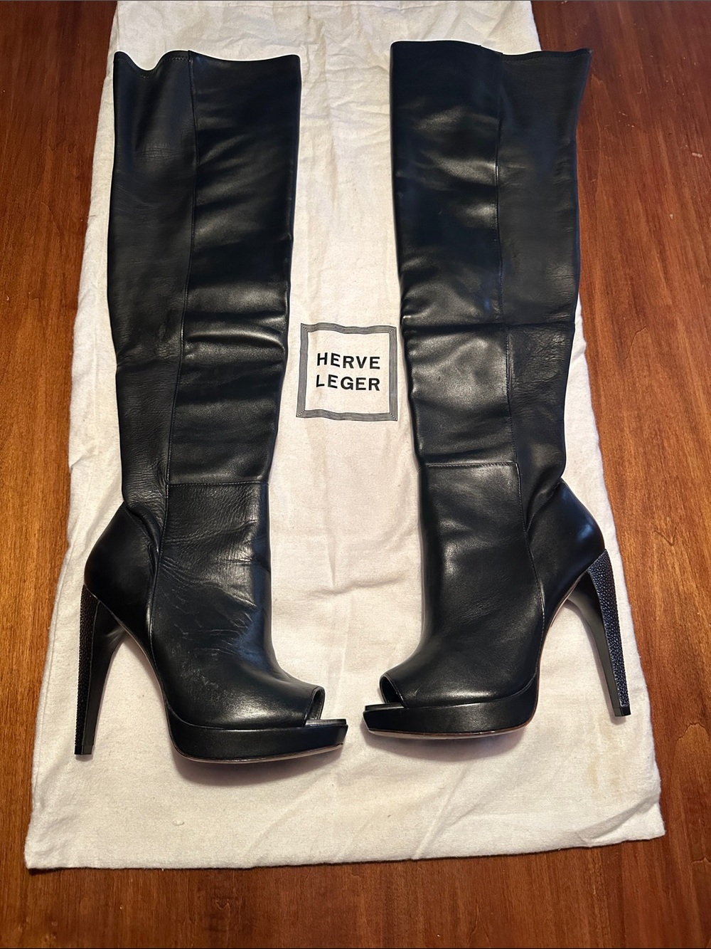 Herve Leger Vero Cuoio Black Leather Over-the-Knee Peep-Toe Stiletto Boots